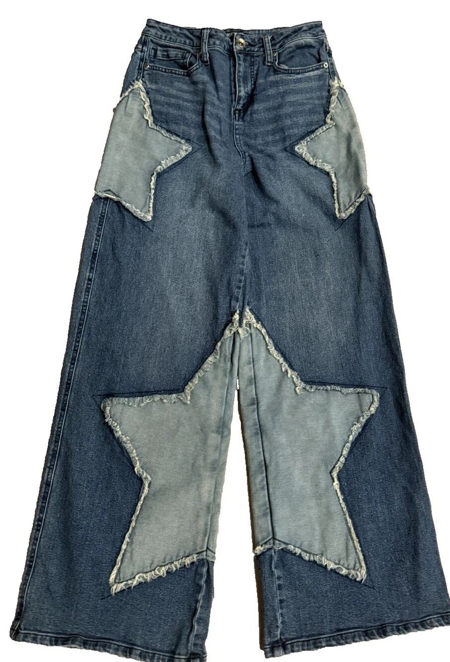 Hot Topic Star Patchwork Wide Leg Blue Denim Jeans Skate Alt Y2K Retro size 5